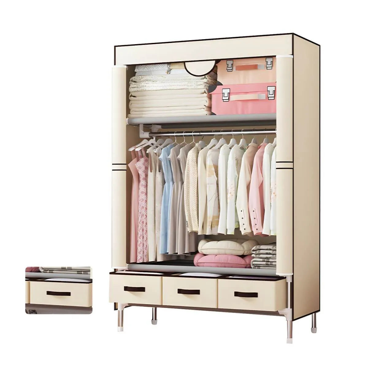 Minimalist Steel Wardrobe Armoire With Drawers and Raised Legs