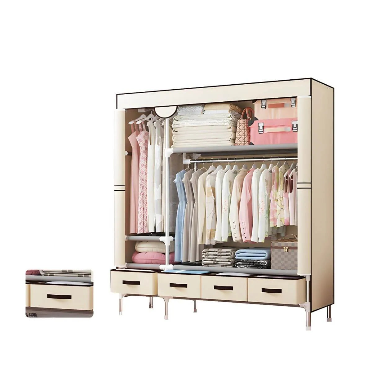 Minimalist Steel Wardrobe Armoire With Drawers and Raised Legs