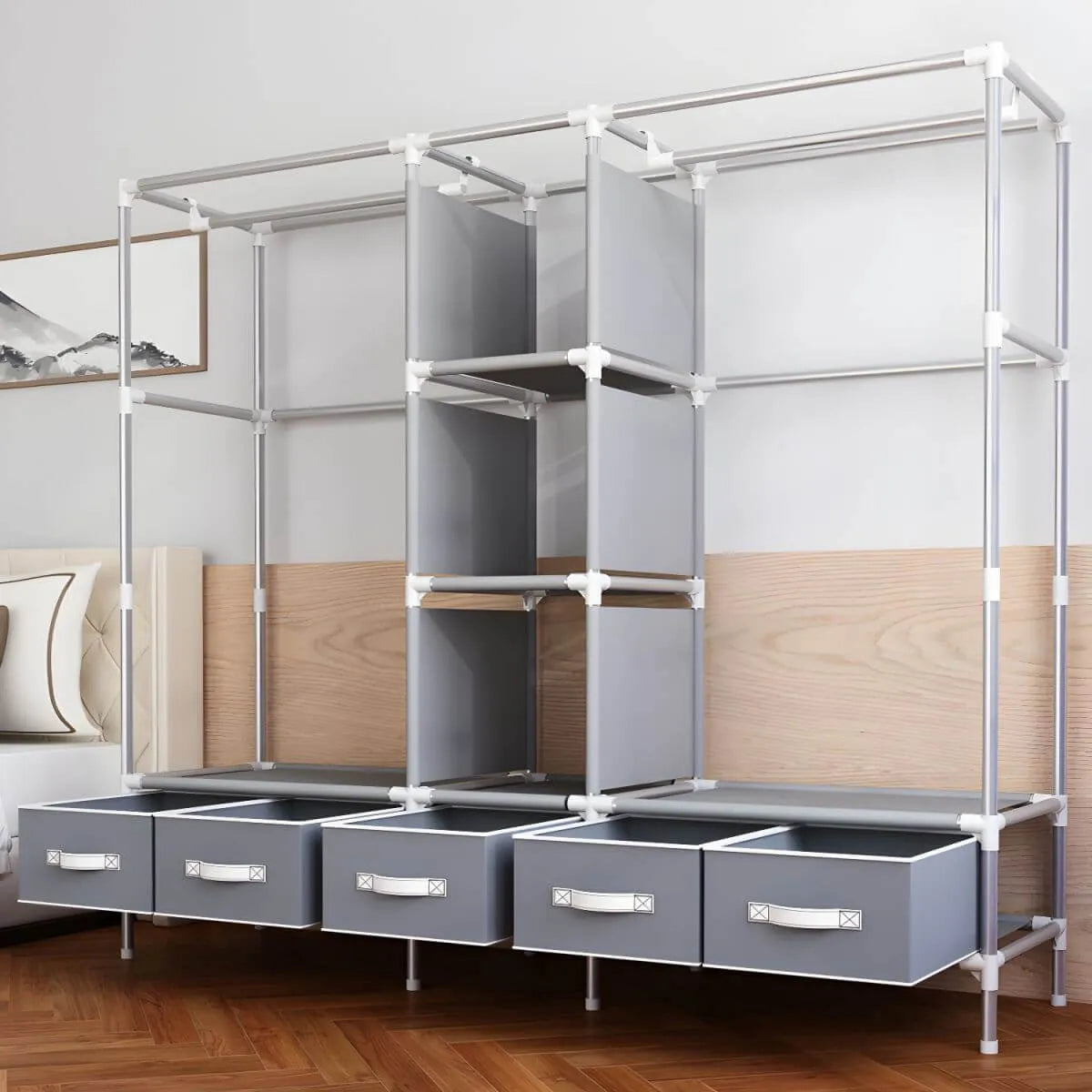 Minimalist Steel Wardrobe Armoire With Drawers and Raised Legs