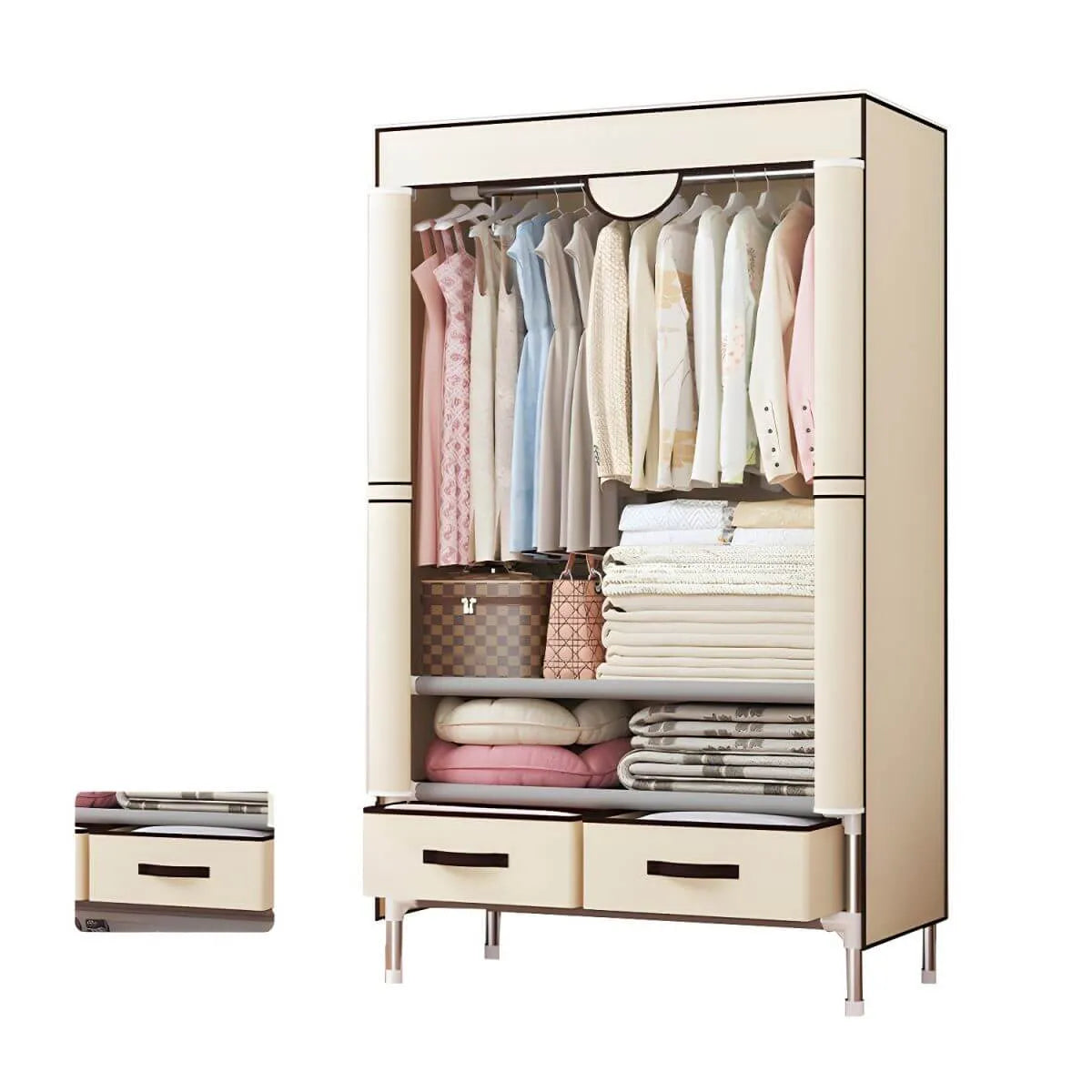 Minimalist Steel Wardrobe Armoire With Drawers and Raised Legs
