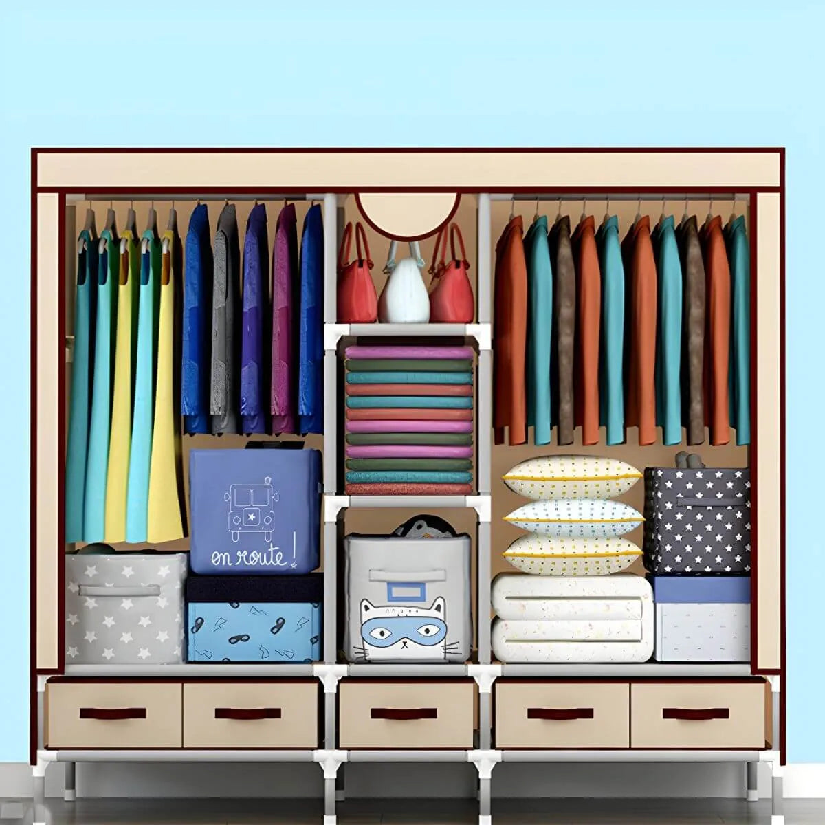 Minimalist Steel Wardrobe Armoire With Drawers and Raised Legs