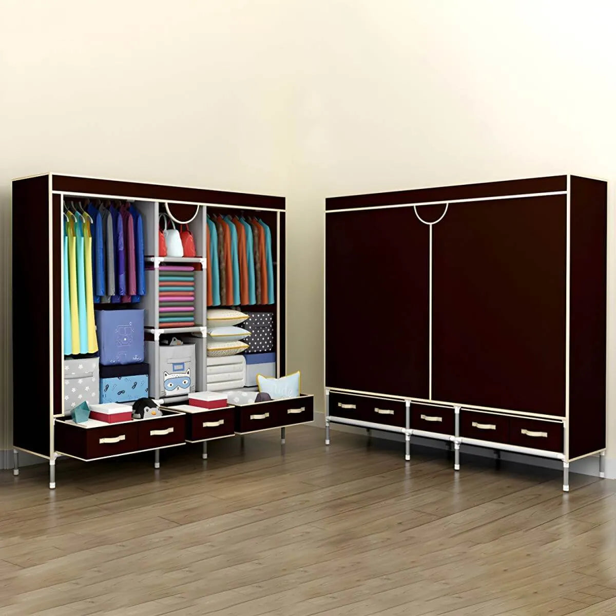 Minimalist Steel Wardrobe Armoire With Drawers and Raised Legs