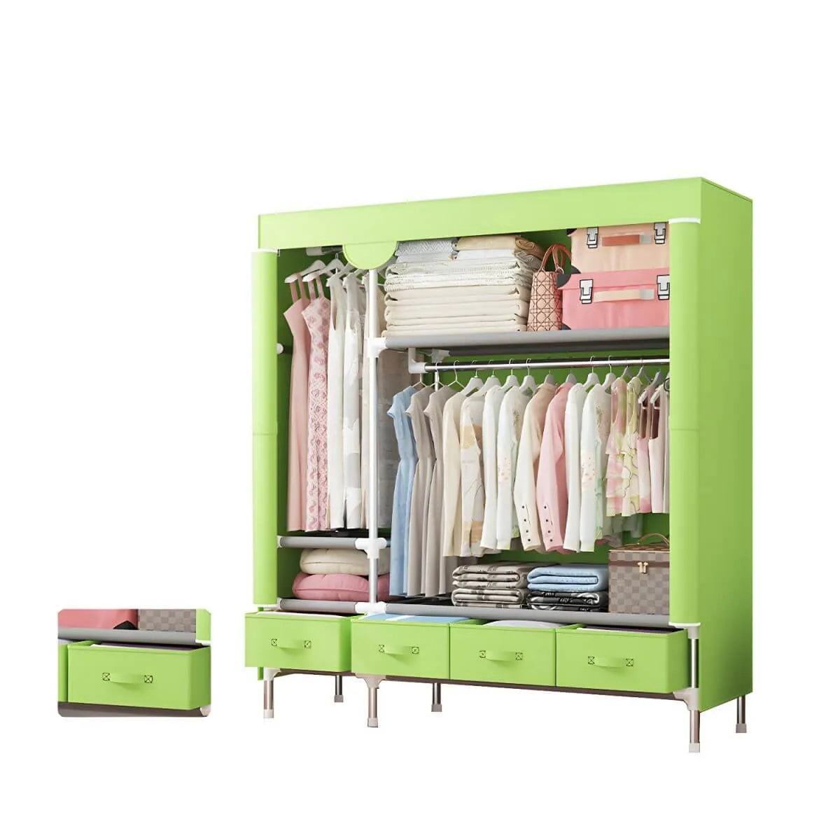 Minimalist Steel Wardrobe Armoire With Drawers and Raised Legs