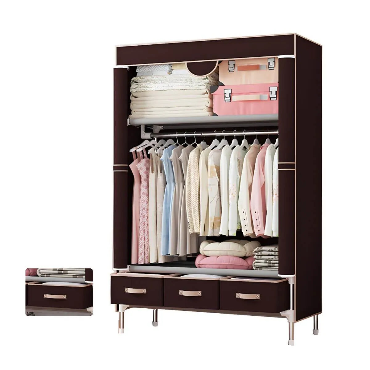 Minimalist Steel Wardrobe Armoire With Drawers and Raised Legs