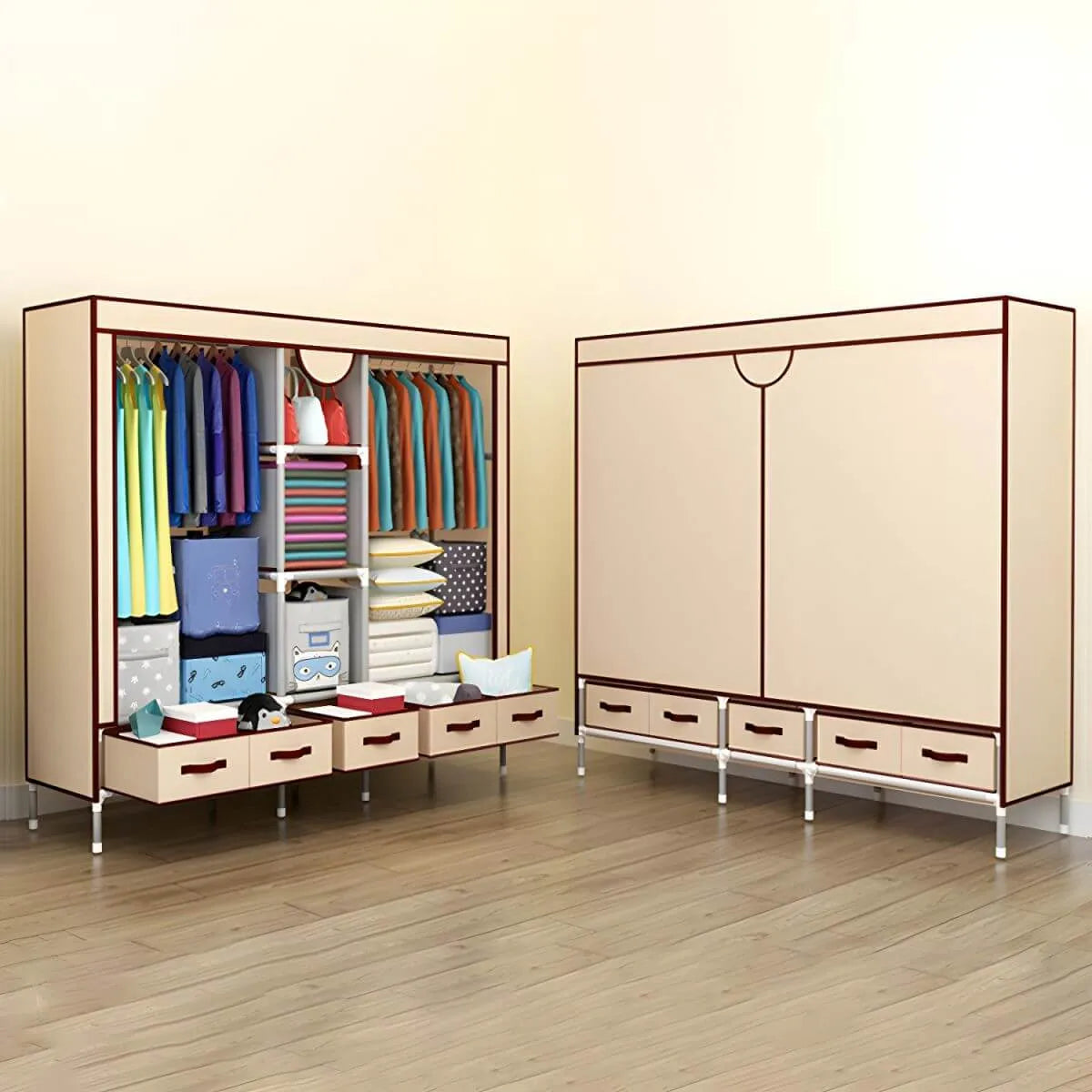 Minimalist Steel Wardrobe Armoire With Drawers and Raised Legs