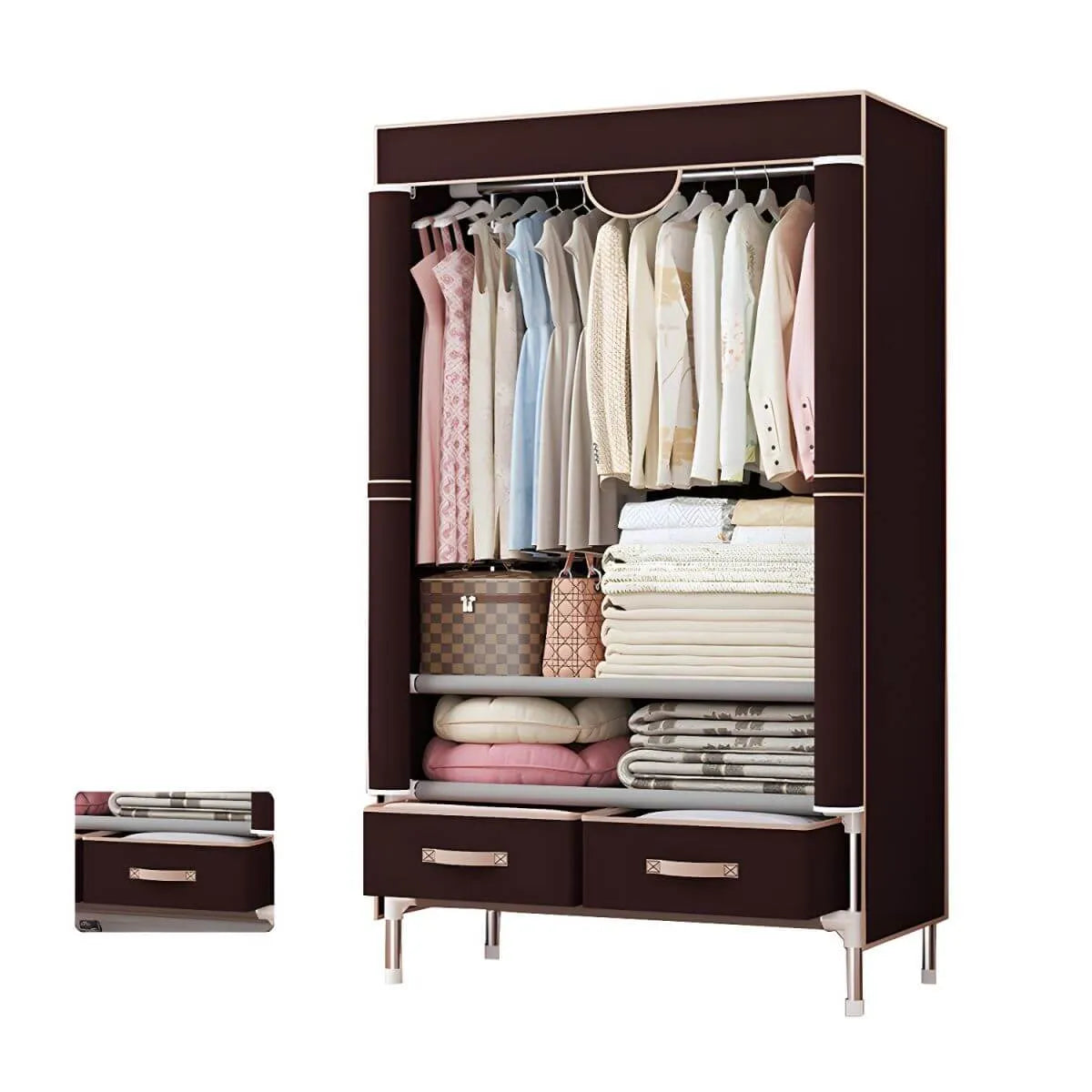 Minimalist Steel Wardrobe Armoire With Drawers and Raised Legs