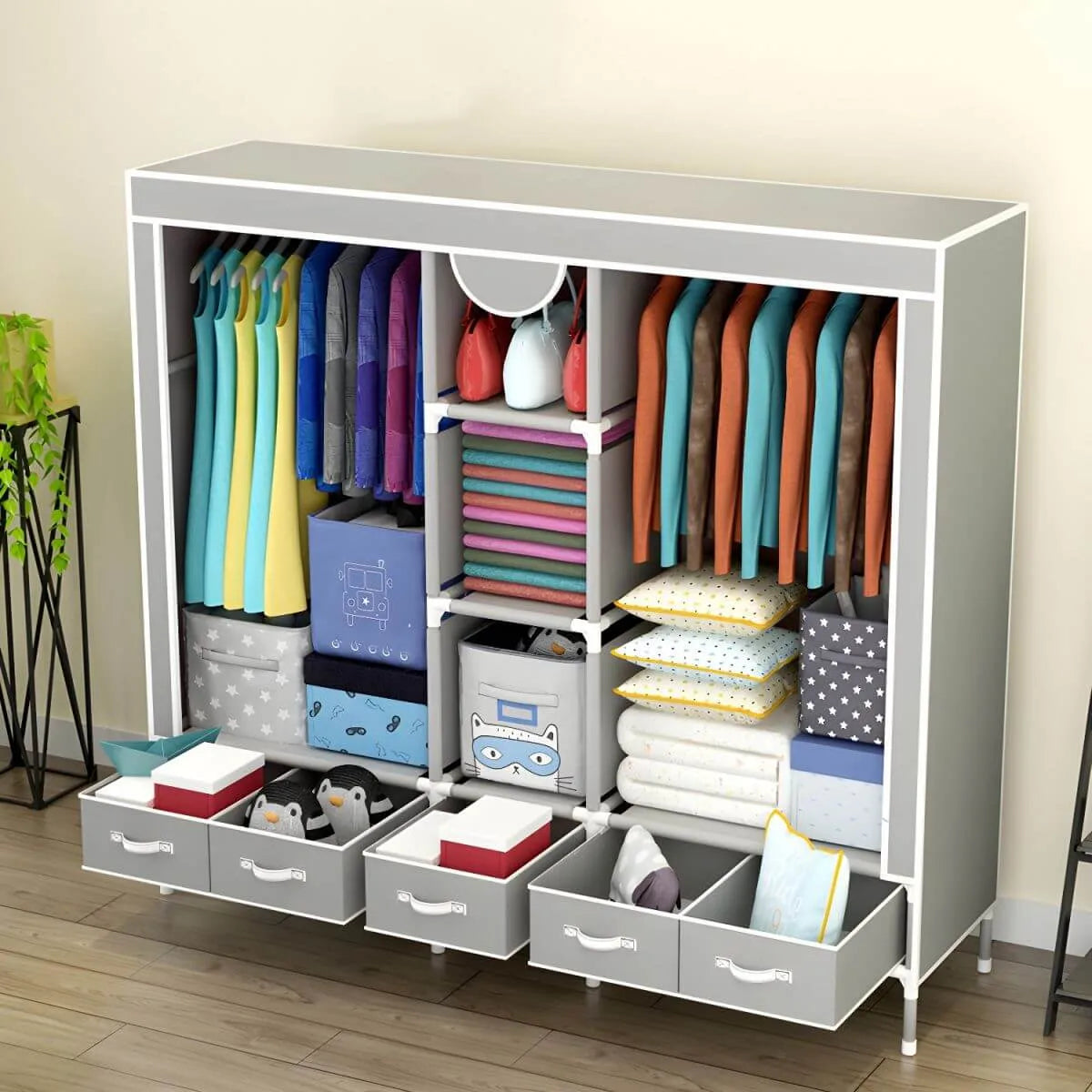 Minimalist Steel Wardrobe Armoire With Drawers and Raised Legs