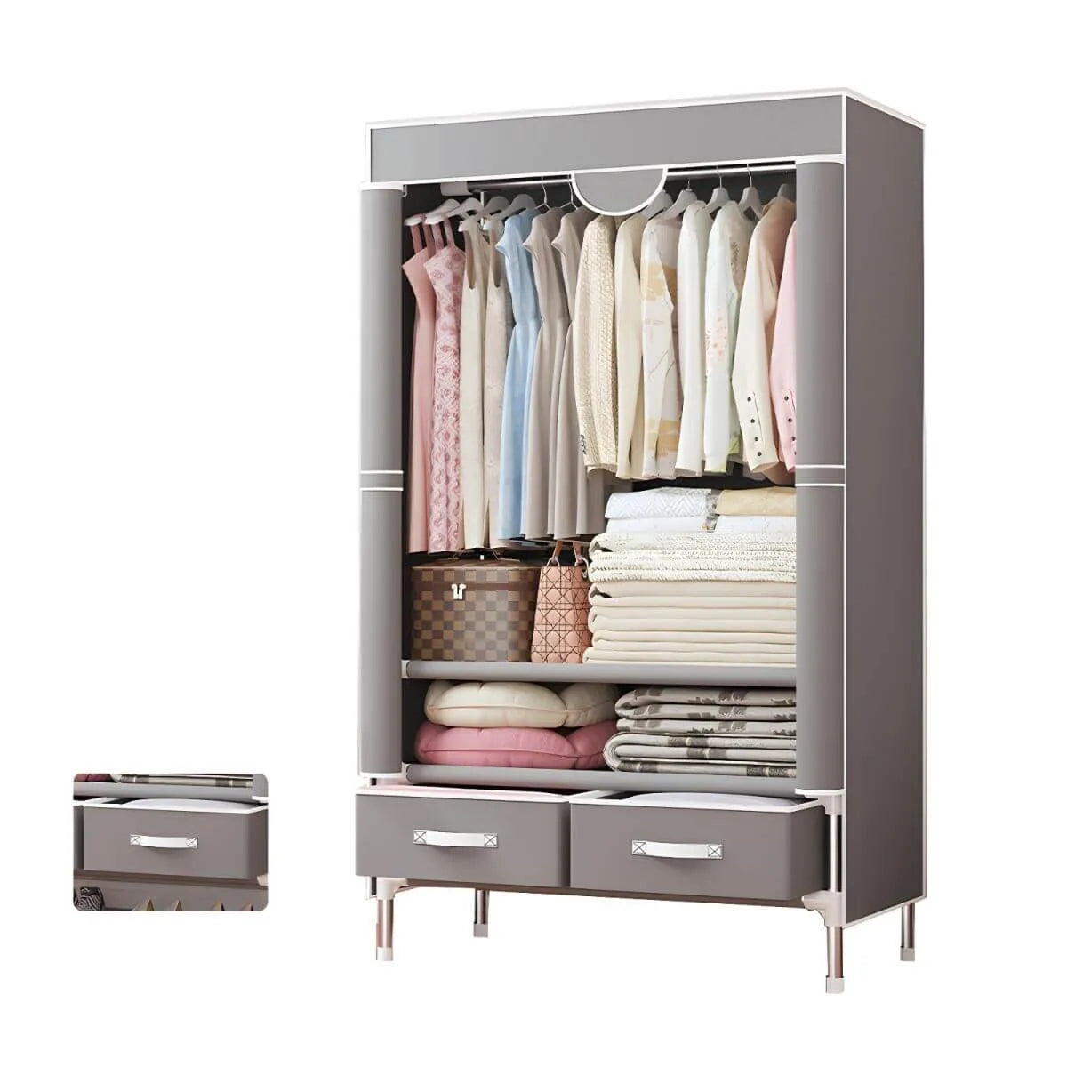 Minimalist Steel Wardrobe Armoire With Drawers and Raised Legs