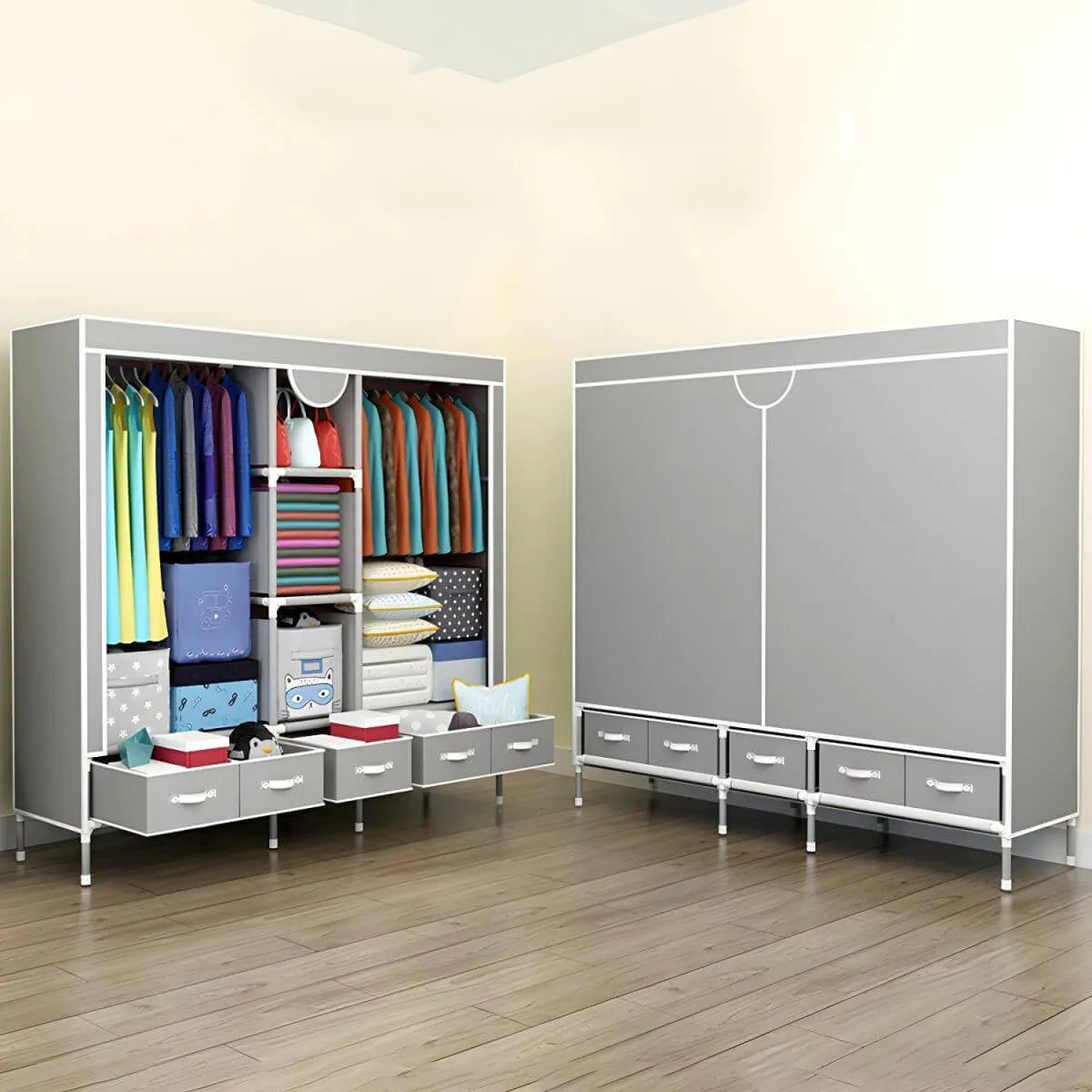 Minimalist Steel Wardrobe Armoire With Drawers and Raised Legs