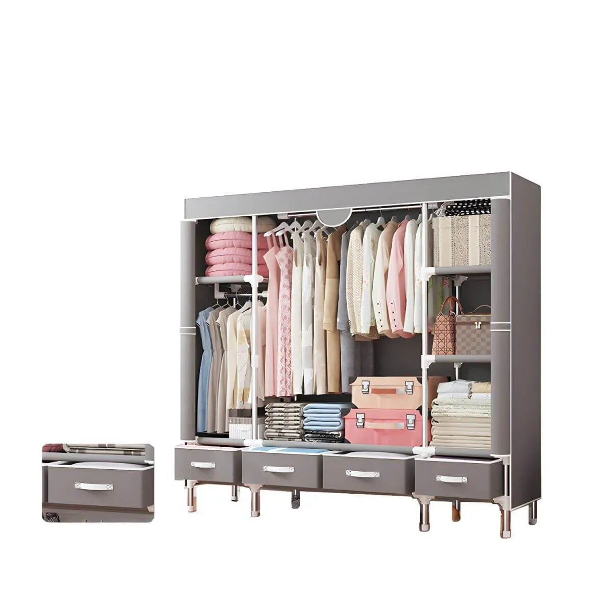 Minimalist Steel Wardrobe Armoire With Drawers and Raised Legs