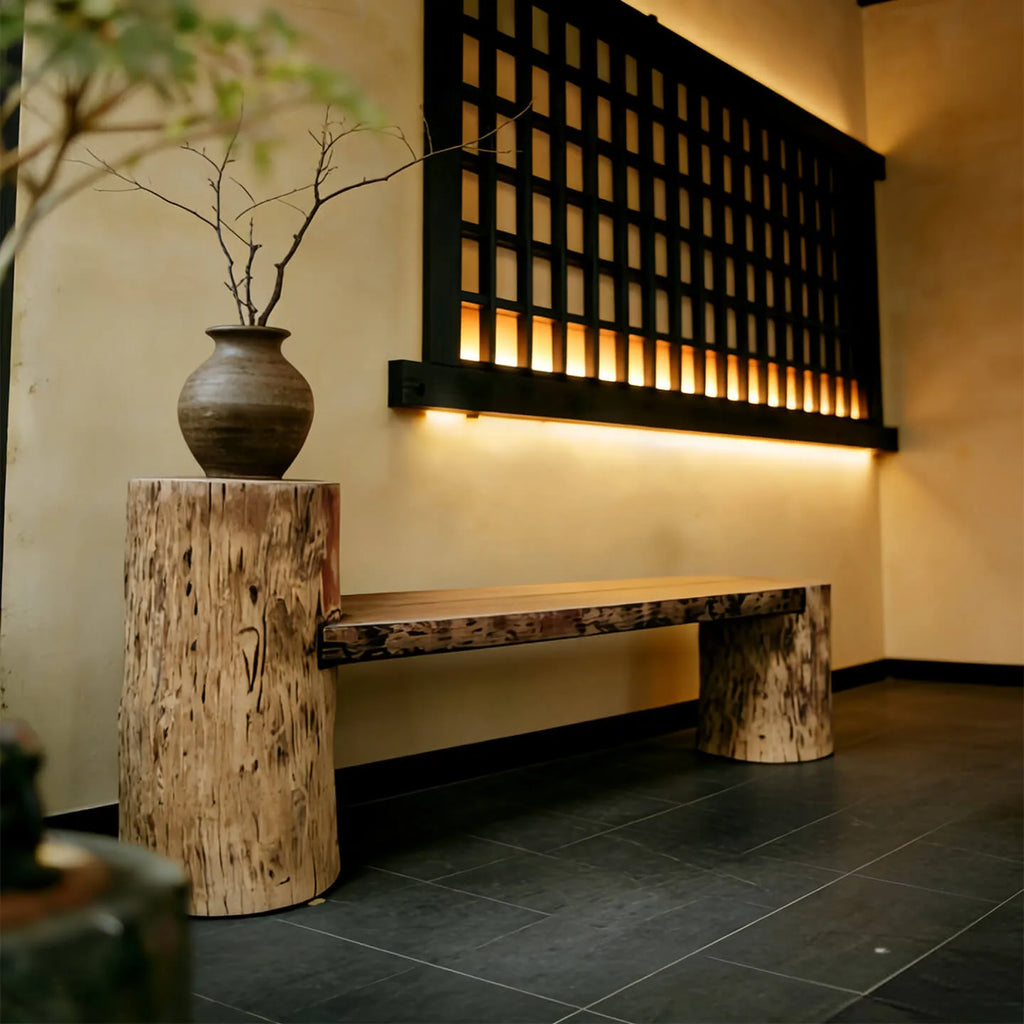 Minimalist Wabi-Sabi Entryway Bench in Solid Timber with Integrated Side Table Stump