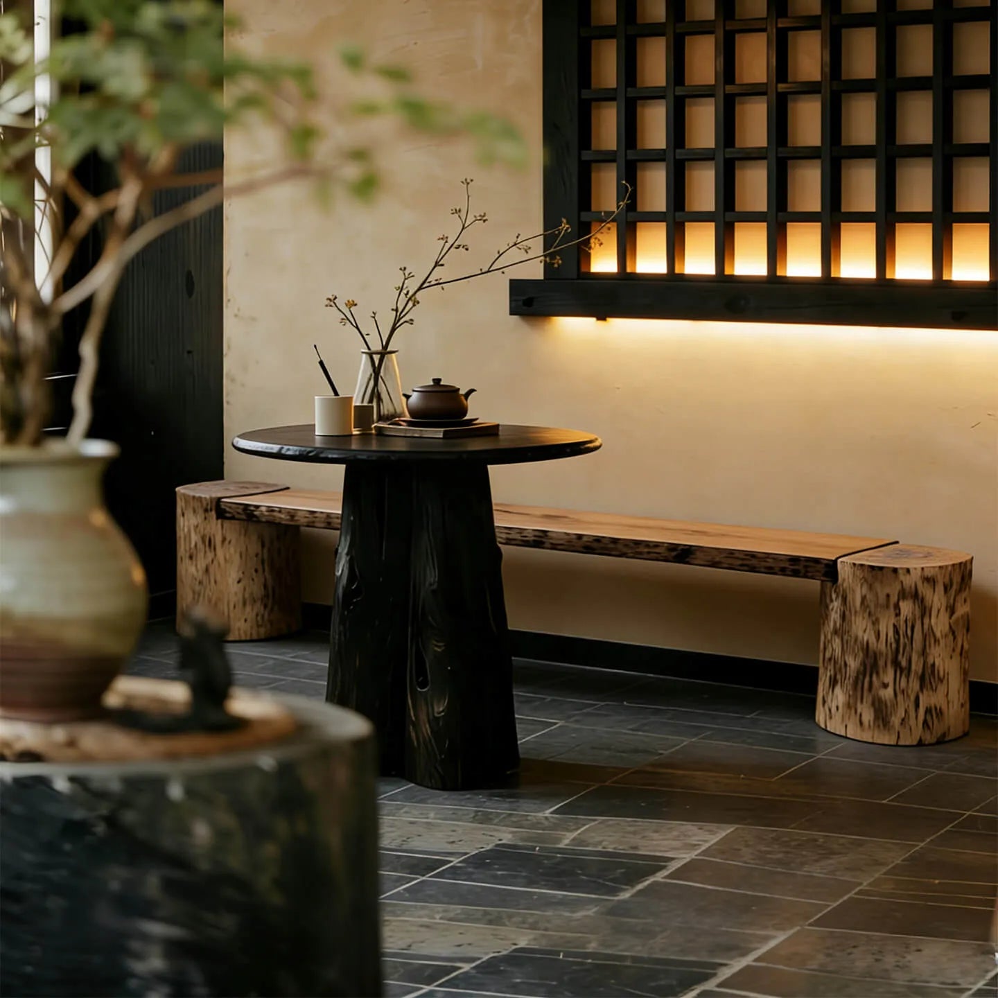 Minimalist Wabi-Sabi Entryway Bench in Solid Timber with Integrated Side Table Stump