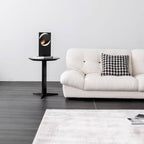 White minimalist boucle sofa with solid wood frame and elegant flared arms