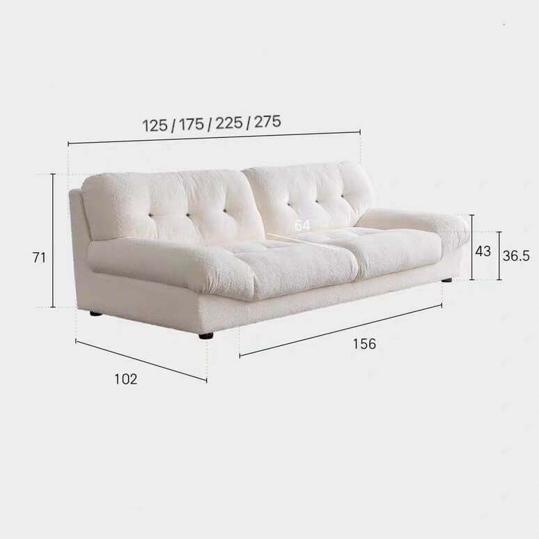 White minimalist boucle sofa with solid wood frame and elegant flared arms dimensions