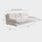 White minimalist boucle sofa with solid wood frame and elegant flared arms dimensions