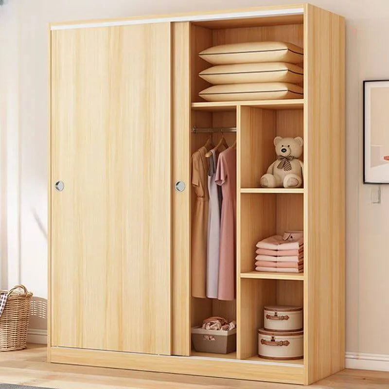 Minimalist Wood Grain Wardrobe Armoire With Rod and Soft-Close Doors
