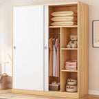 Minimalist Wood Grain Wardrobe Armoire With Rod and Soft-Close Doors