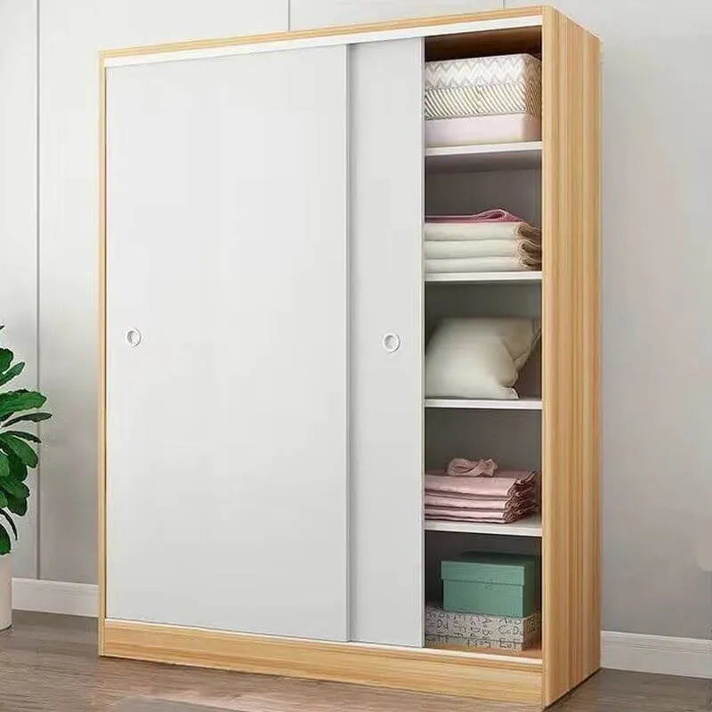Minimalist Wood Grain Wardrobe Armoire With Rod and Soft-Close Doors
