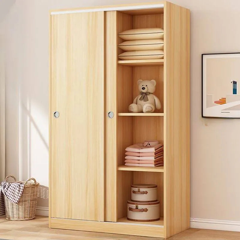 Minimalist Wood Grain Wardrobe Armoire With Rod and Soft-Close Doors