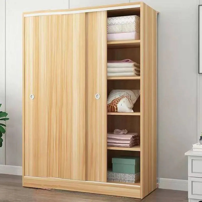 Minimalist Wood Grain Wardrobe Armoire With Rod and Soft-Close Doors