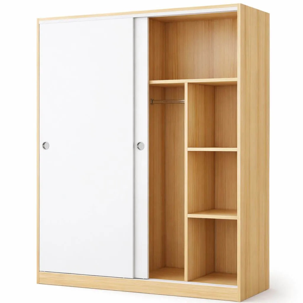 Minimalist Wood Grain Wardrobe Armoire With Rod and Soft-Close Doors