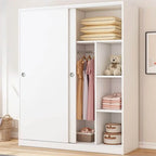 Minimalist Wood Grain Wardrobe Armoire With Rod and Soft-Close Doors