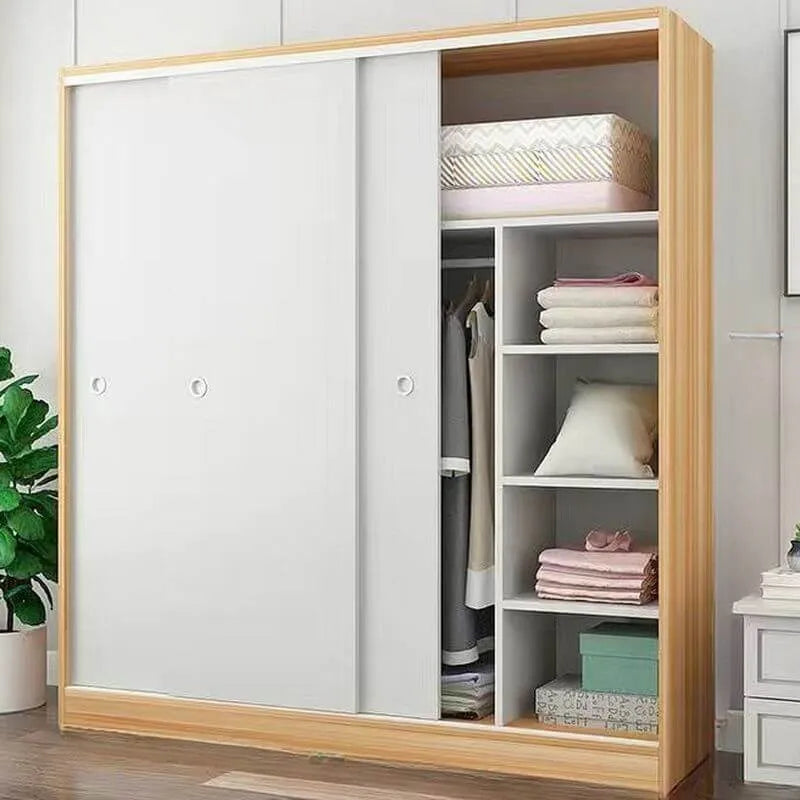Minimalist Wood Grain Wardrobe Armoire With Rod and Soft-Close Doors