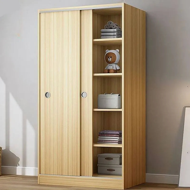 Minimalist Wood Grain Wardrobe Armoire With Rod and Soft-Close Doors