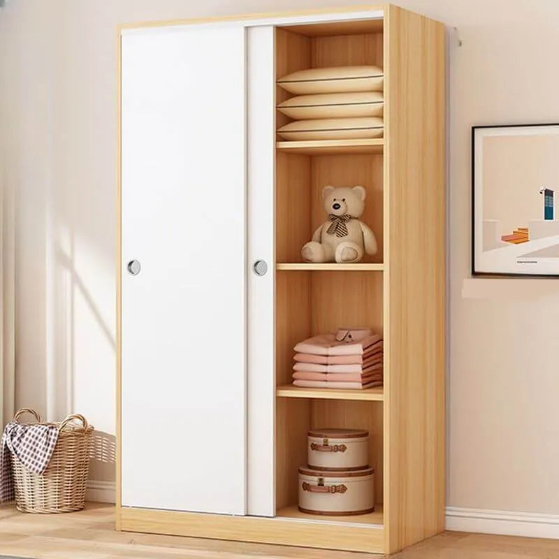 Minimalist Wood Grain Wardrobe Armoire With Rod and Soft-Close Doors