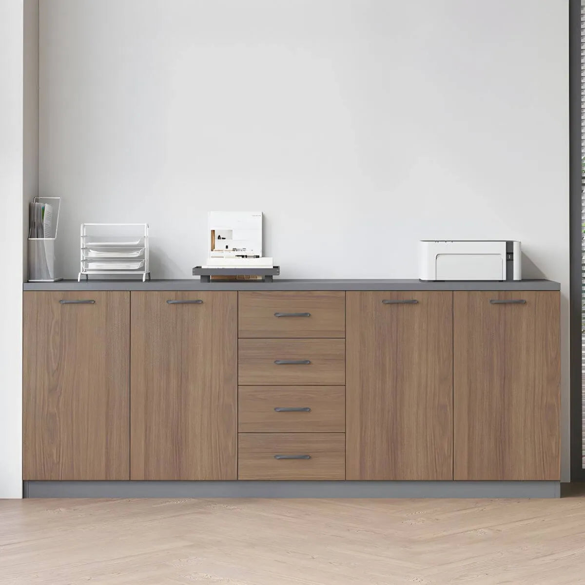 Minimalist Wood Lateral File Cabinet With Shelves And Drawers
