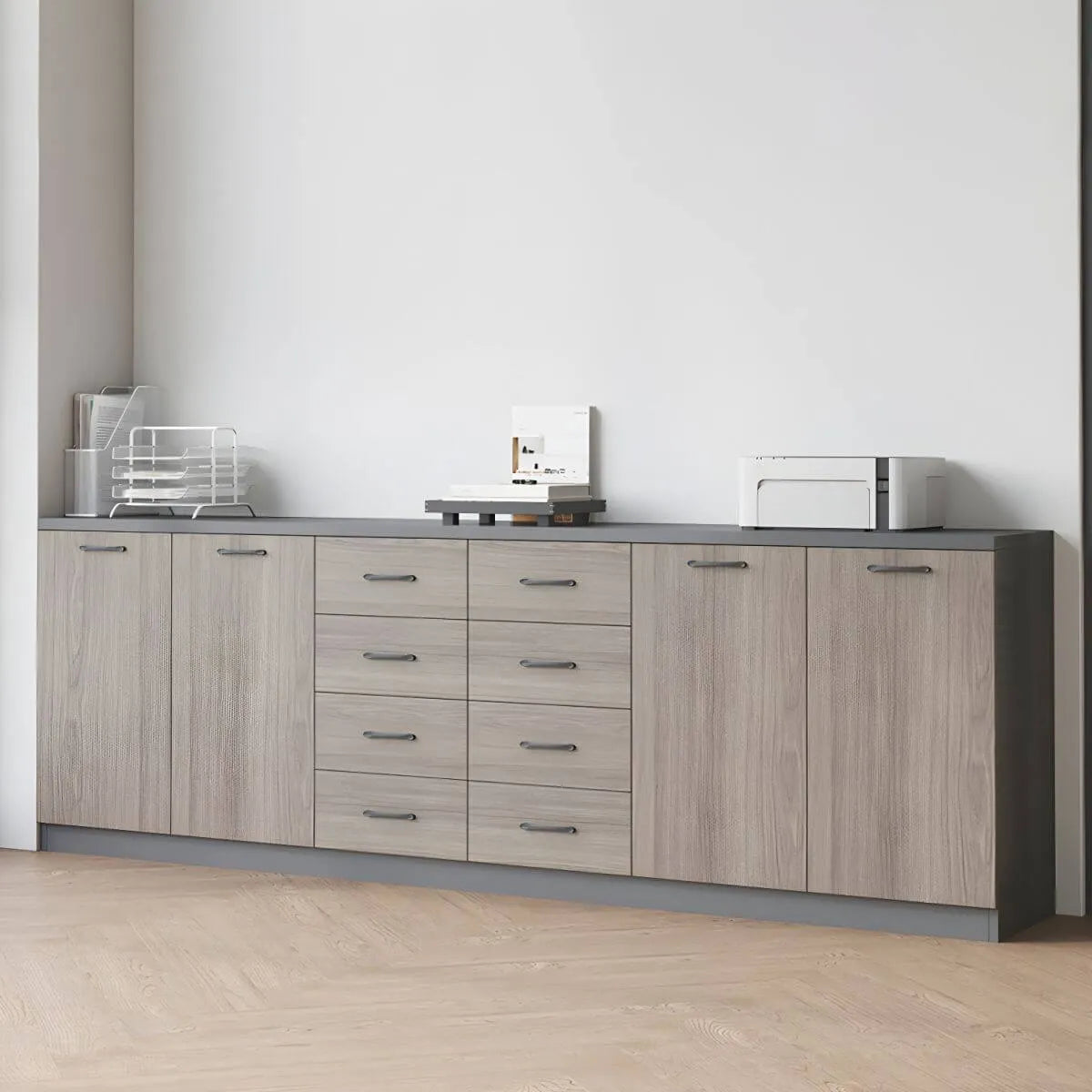 Minimalist Wood Lateral File Cabinet With Shelves And Drawers
