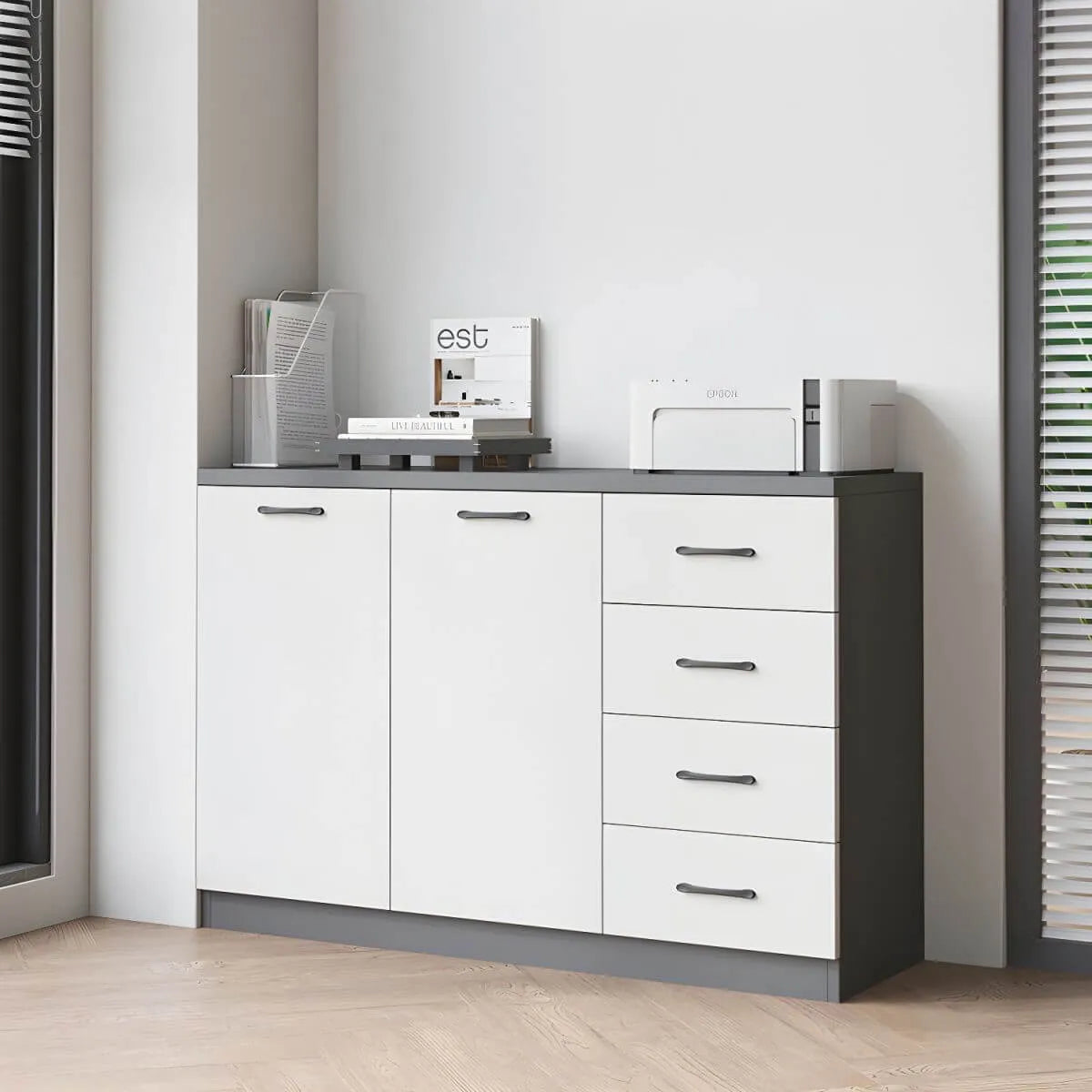 Minimalist Wood Lateral File Cabinet With Shelves And Drawers