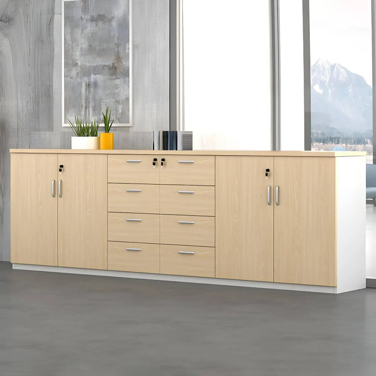 Minimalist Wood Lateral Filing Cabinet With Lockable Shelved Storage