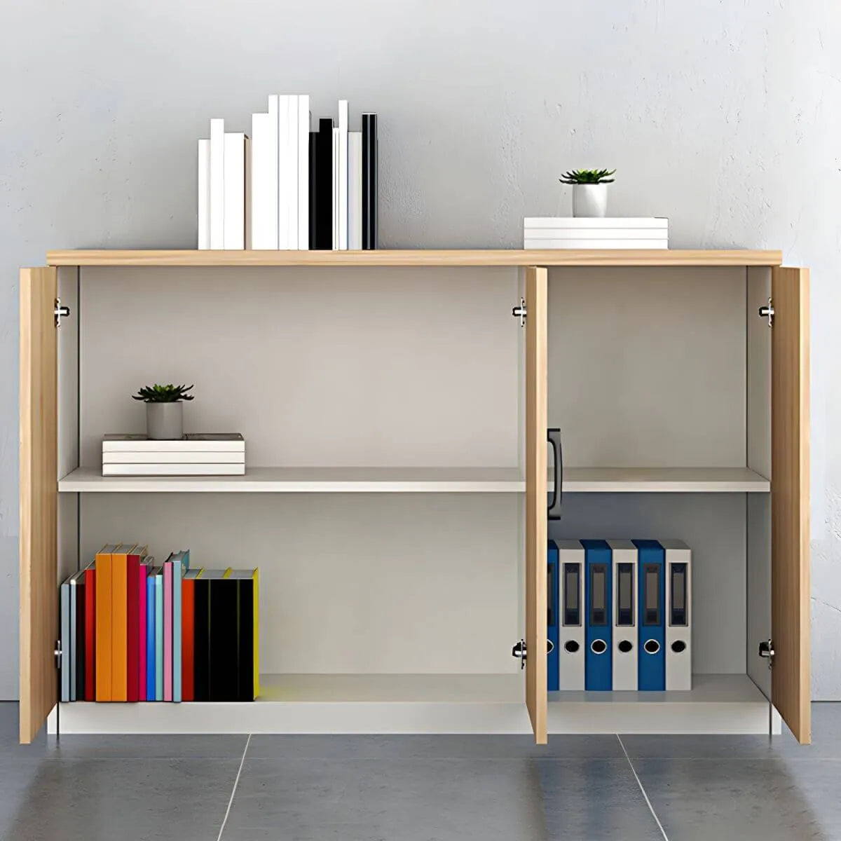 Minimalist Wood Lateral Filing Cabinet With Lockable Shelved Storage