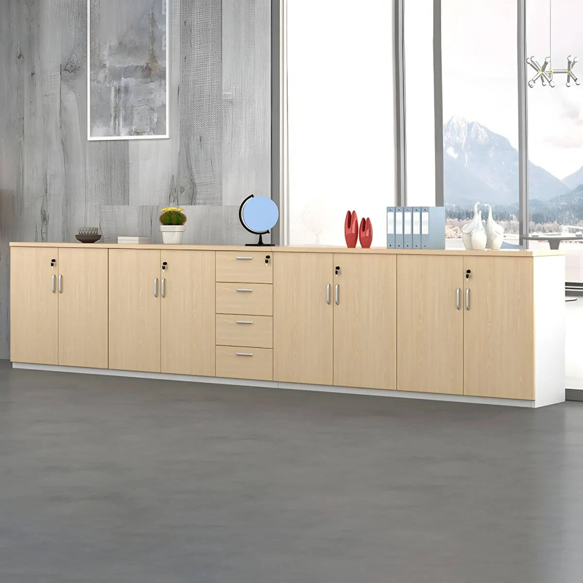 Minimalist Wood Lateral Filing Cabinet With Lockable Shelved Storage