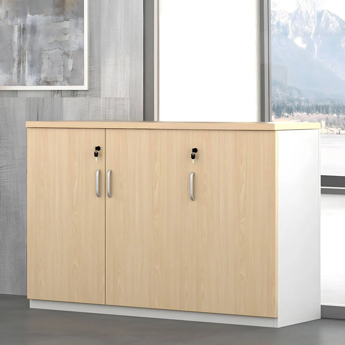 Minimalist Wood Lateral Filing Cabinet With Lockable Shelved Storage