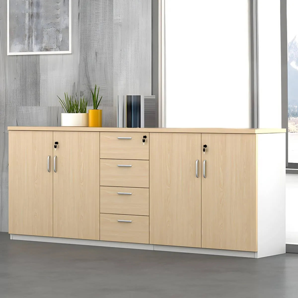 Minimalist Wood Lateral Filing Cabinet With Lockable Shelved Storage