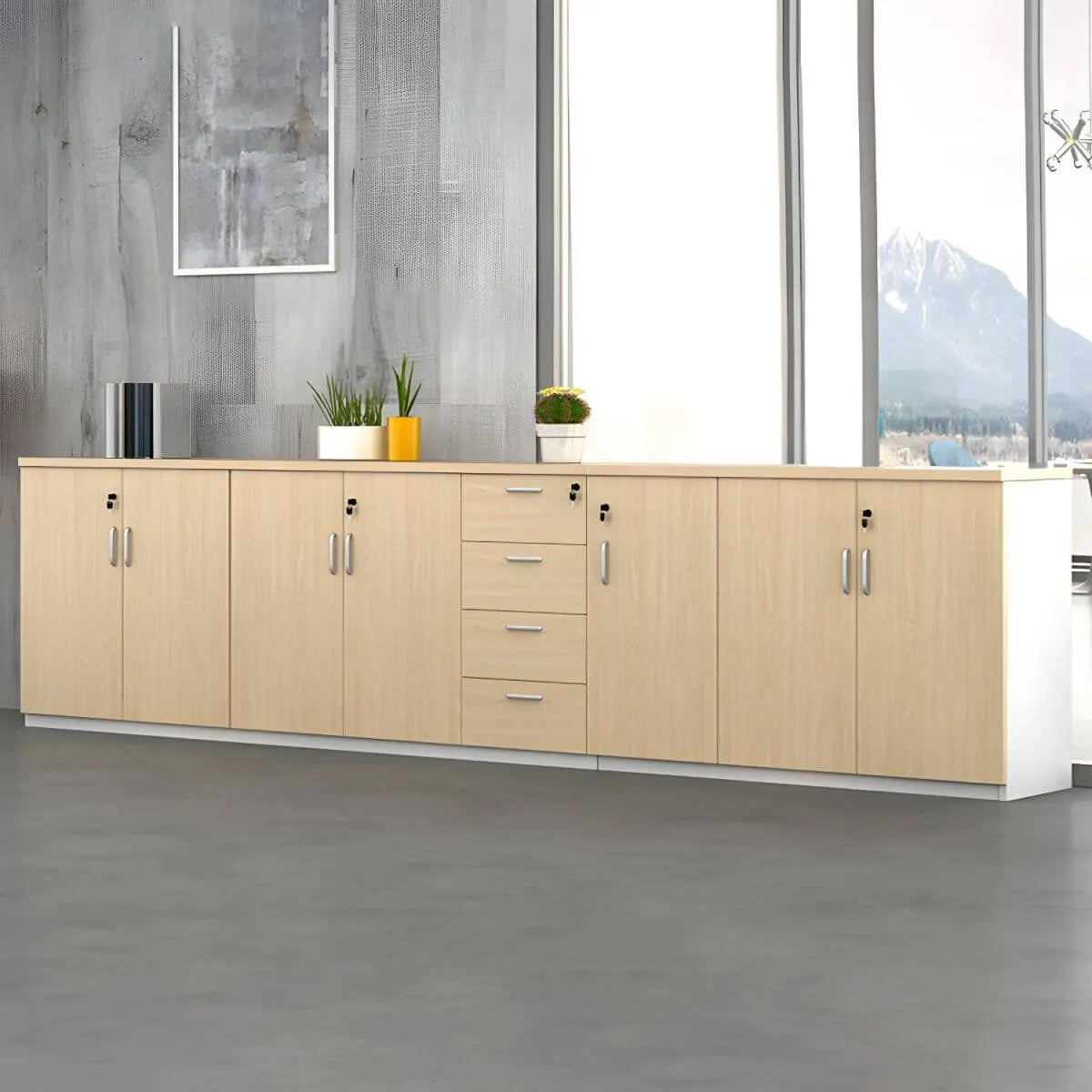 Minimalist Wood Lateral Filing Cabinet With Lockable Shelved Storage