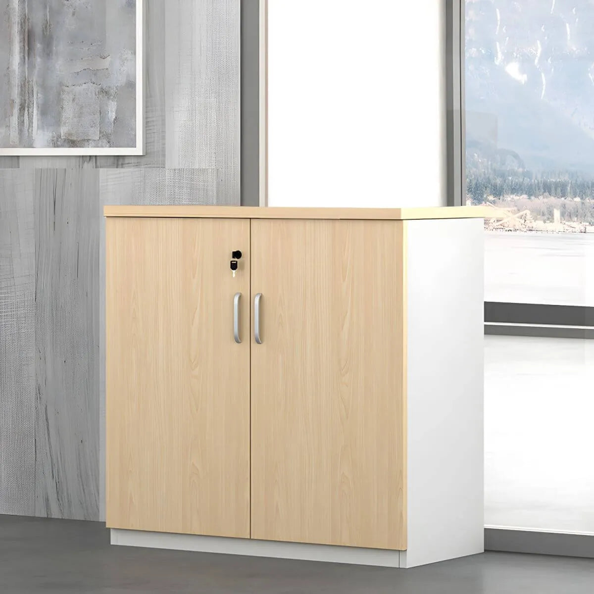 Minimalist Wood Lateral Filing Cabinet With Lockable Shelved Storage Main Product Image