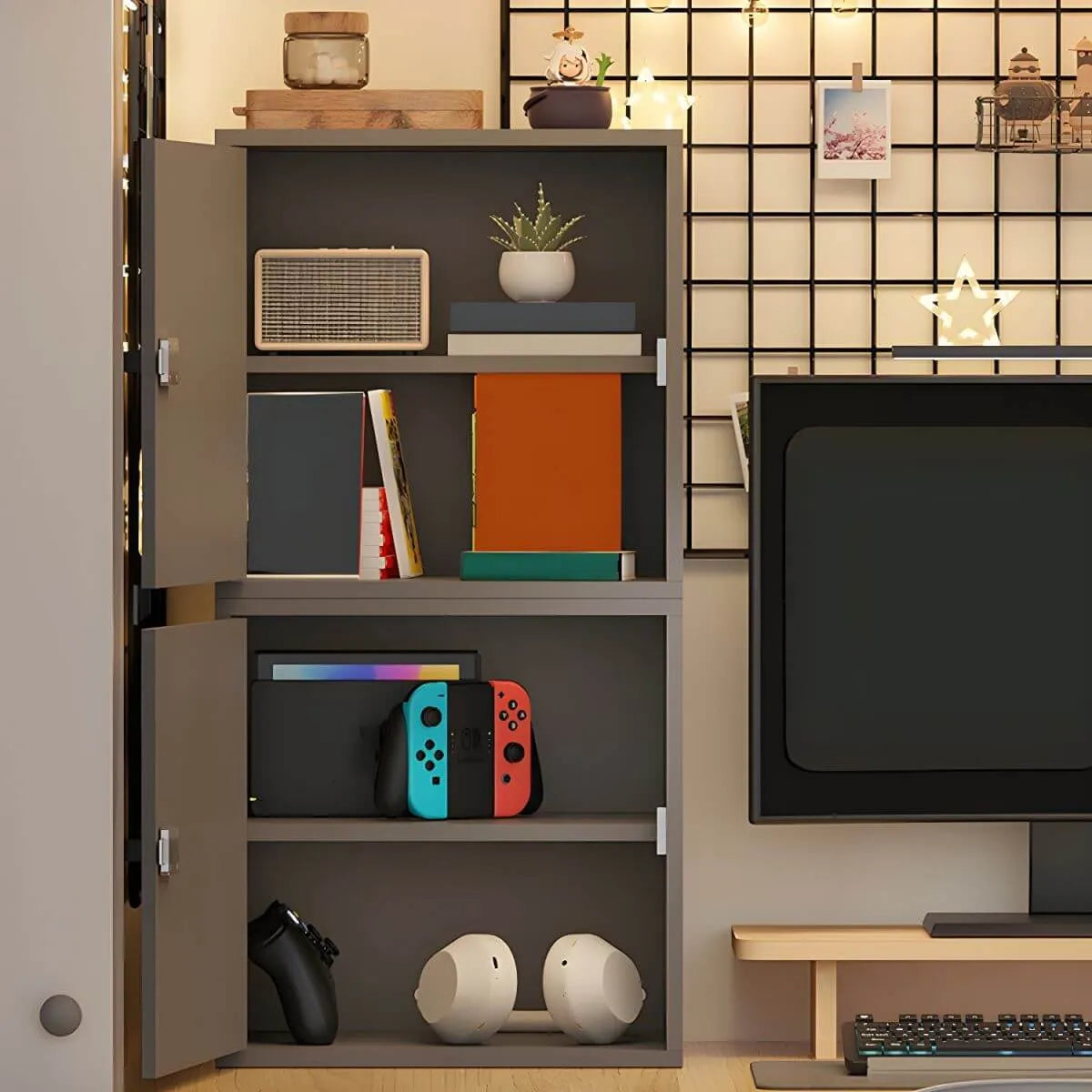 Minimalist Wood Locking Storage Cabinet With Dual-Door Shelves