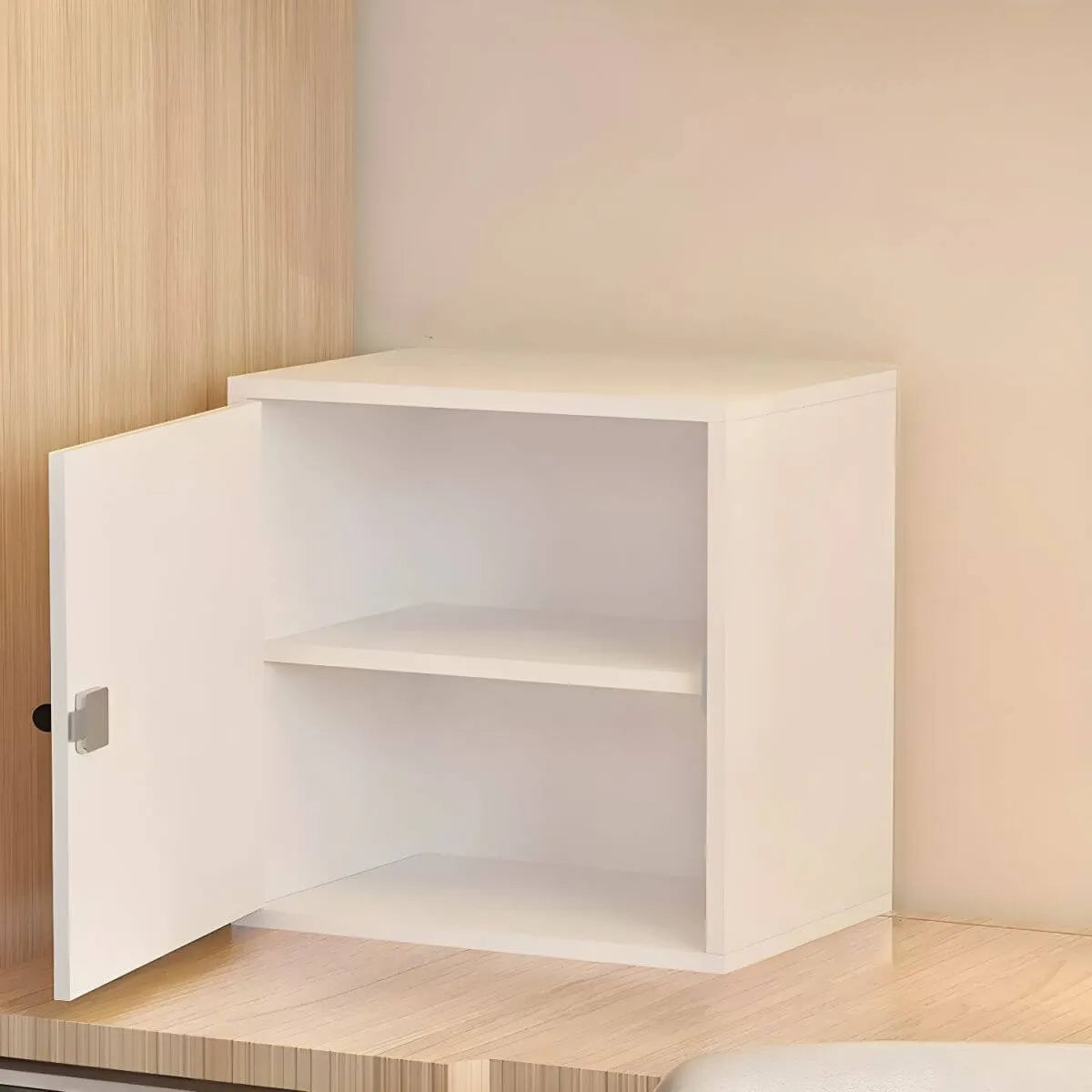 Minimalist Wood Locking Storage Cabinet With Dual-Door Shelves