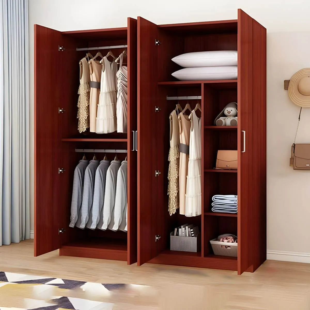 Minimalist Wood Wardrobe Armoire With Hanging And Open Storage