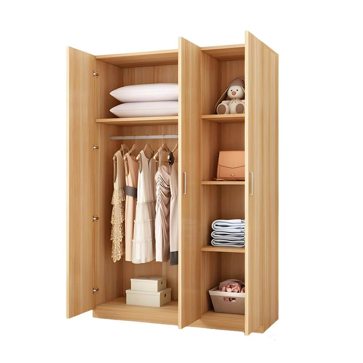 Minimalist Wood Wardrobe Armoire With Hanging And Open Storage
