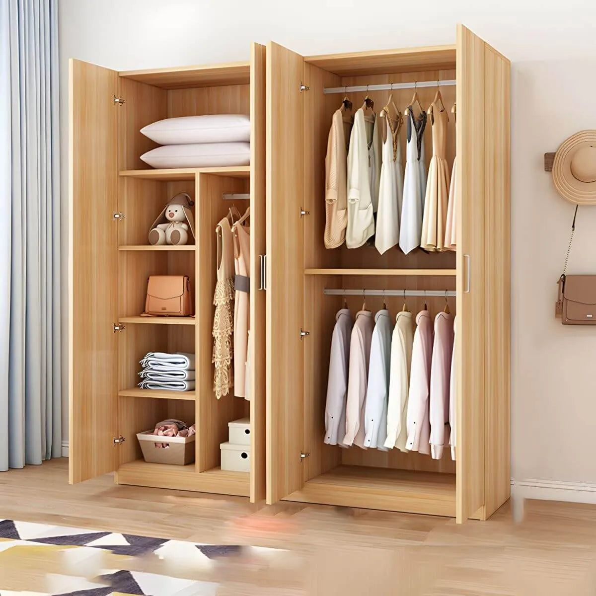 Minimalist Wood Wardrobe Armoire With Hanging And Open Storage