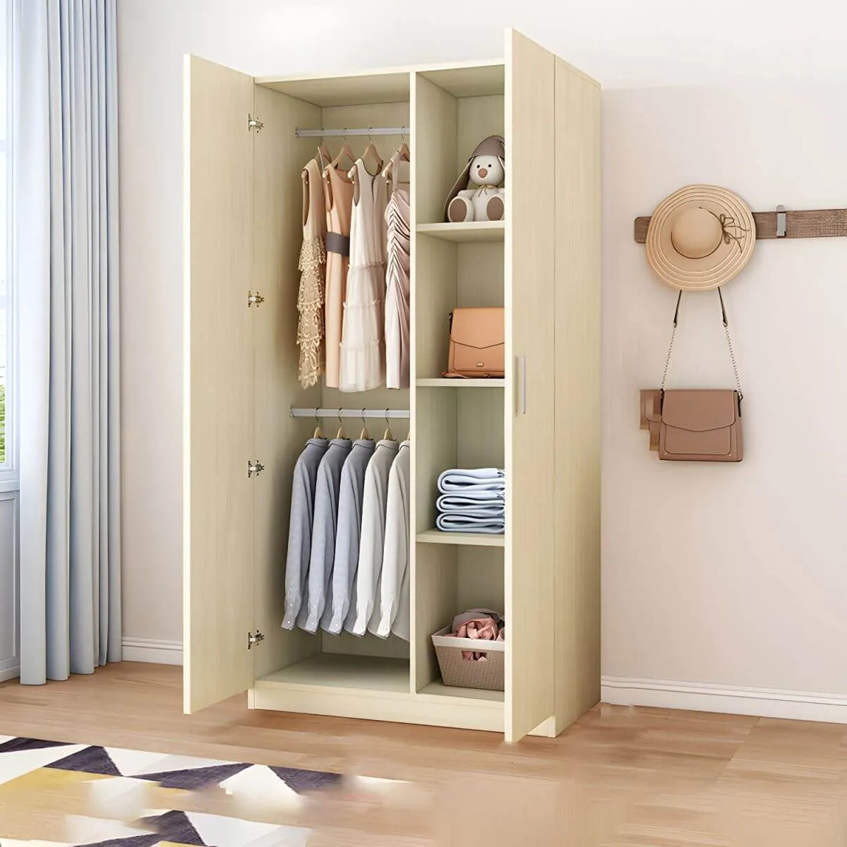 Minimalist Wood Wardrobe Armoire With Hanging And Open Storage