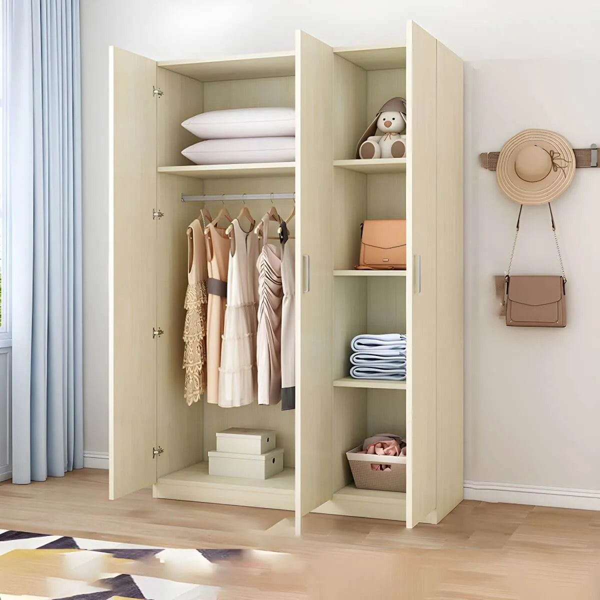 Minimalist Wood Wardrobe Armoire With Hanging And Open Storage