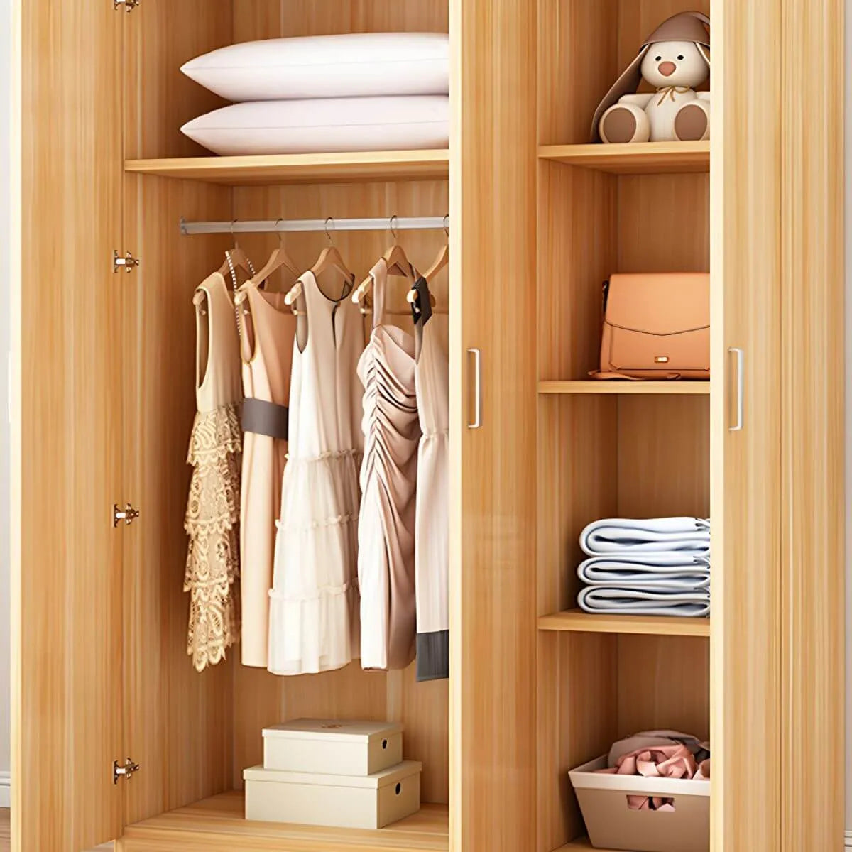 Minimalist Wood Wardrobe Armoire With Hanging And Open Storage