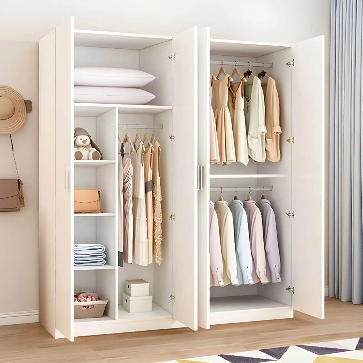 Minimalist Wood Wardrobe Armoire With Hanging And Open Storage
