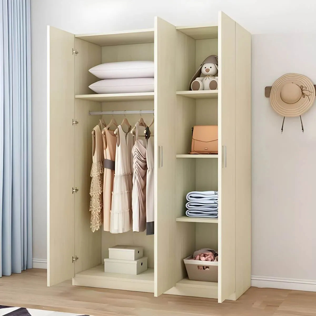 Minimalist Wood Wardrobe Armoire With Shelves And Double Hanging