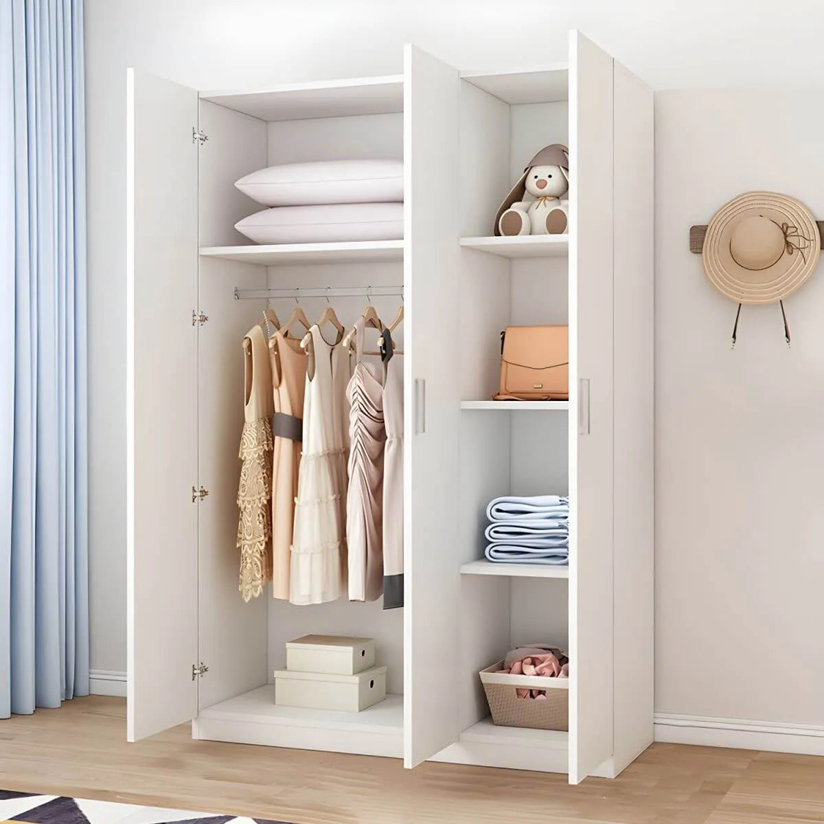 Minimalist Wood Wardrobe Armoire With Shelves And Double Hanging
